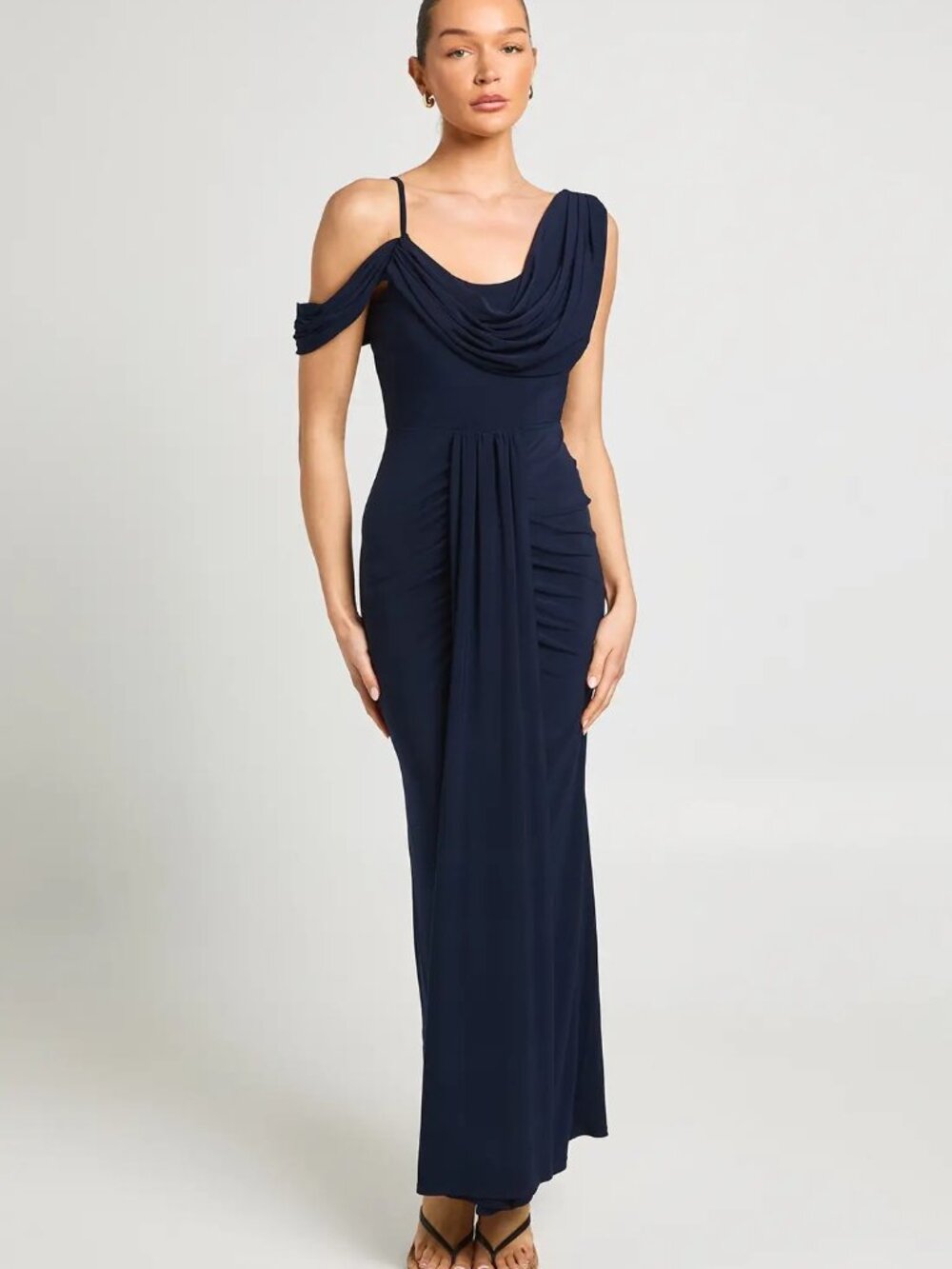 BooHoo Double Layer Slinky Drape Front Cold Shoulder Maxi Dress US 12